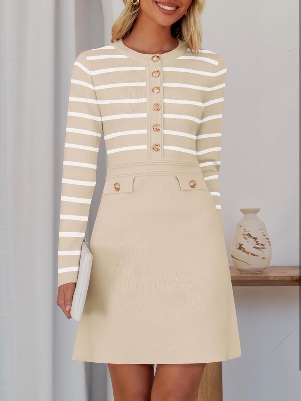 A93 MEROKEETY Beige Striped Long Sleeve Button-Front Mini XL Sweater Dress NWT - Picture 3 of 8